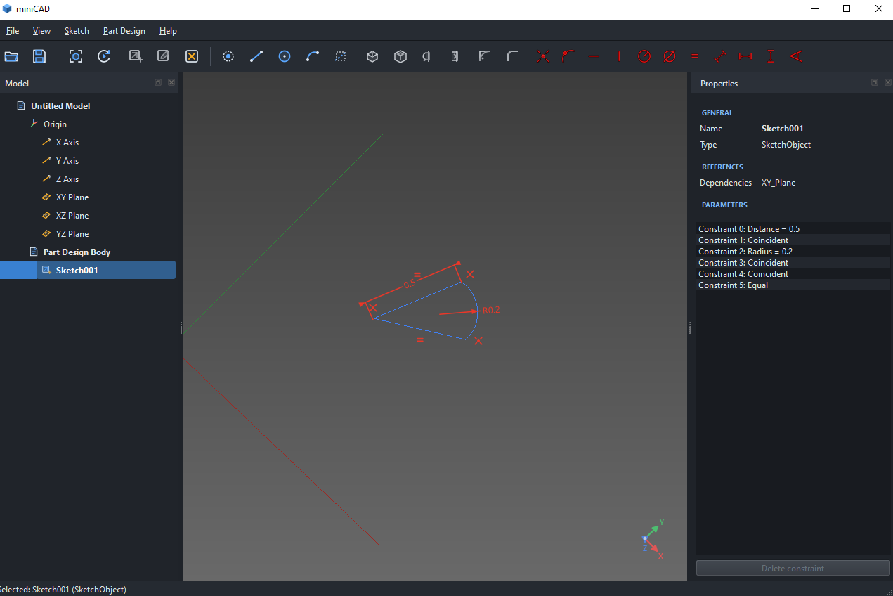 Refined MiniCAD sketch interface with visible geometric and dimensional constraint annotations.